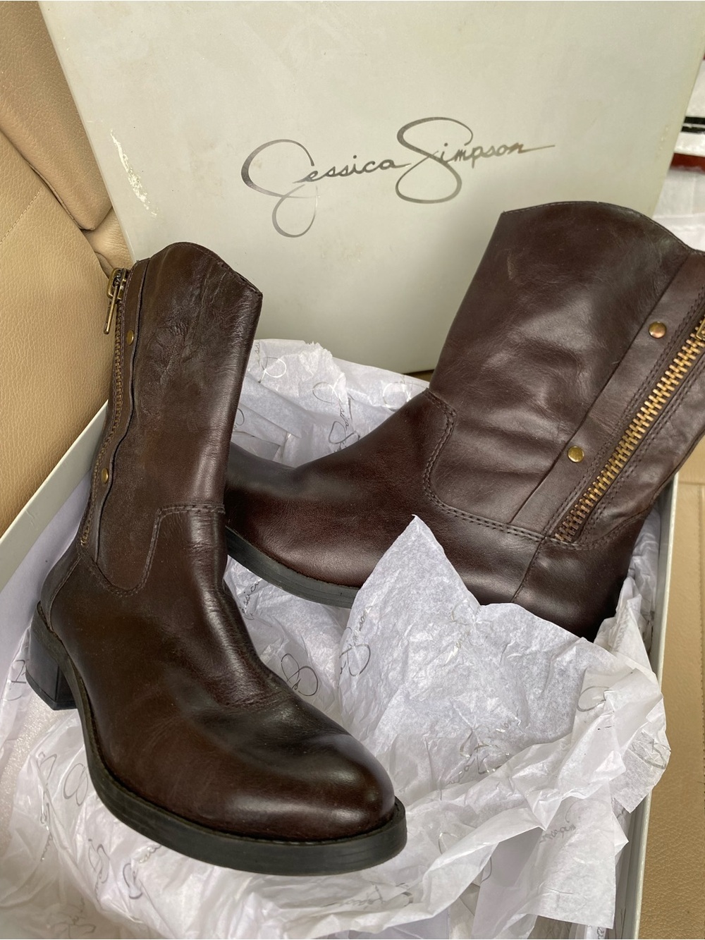 Jessica Simpson Dark Brown Leather Mid-Calf Zip Boots JS Toots